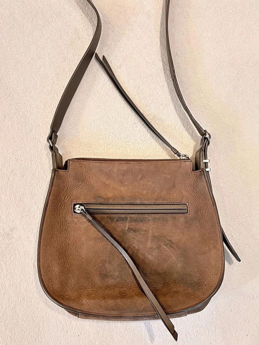 AllSaints Cooper Suede Leather Adjustable Crossbody Bag Taupe Brown